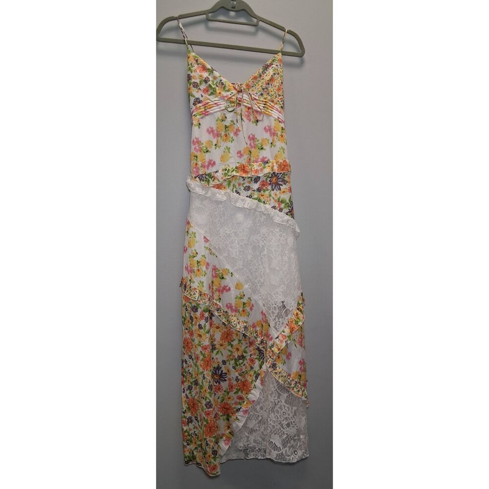 White Floral Lace Maxi Dress with Yellow & Pink Blooms